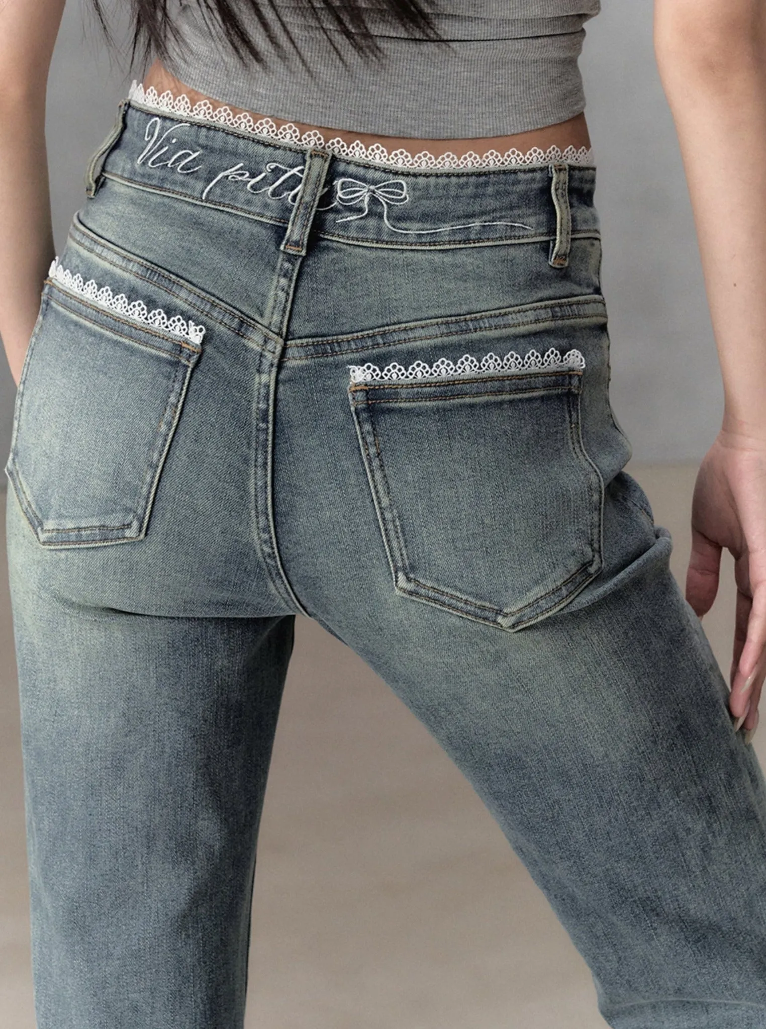 Lace Stitched Slim Flared Pants