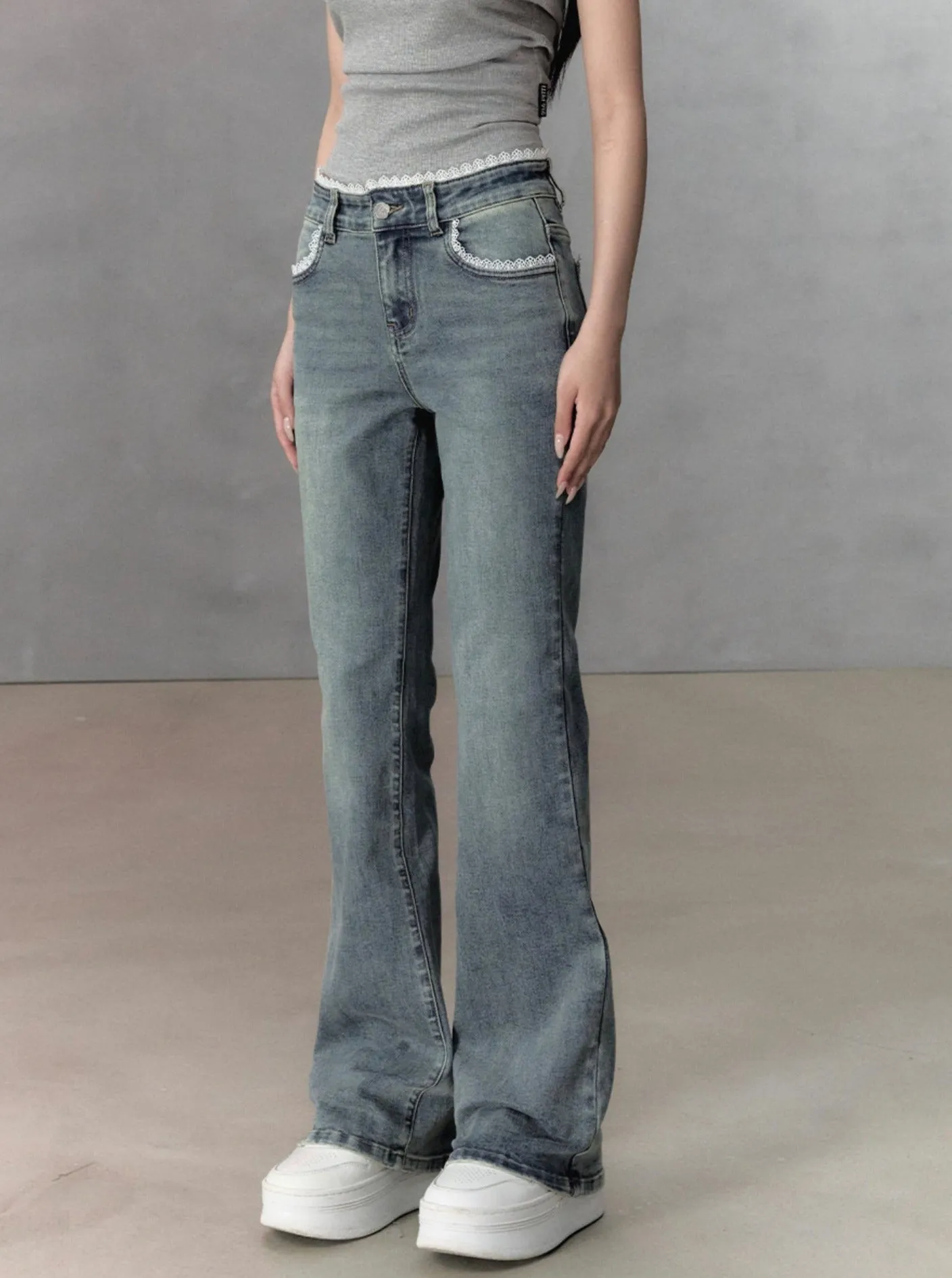 Lace Stitched Slim Flared Pants