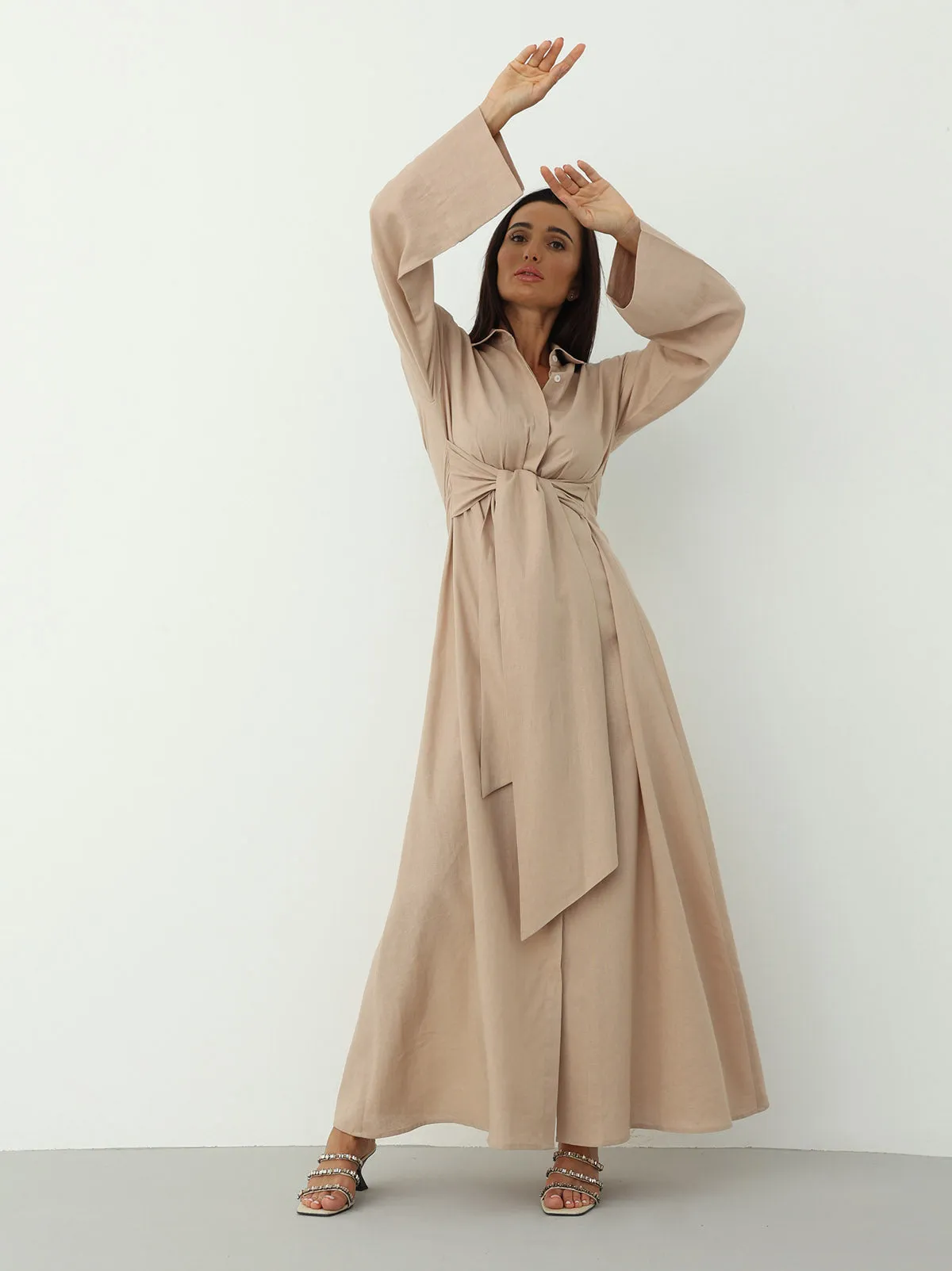 Linen Wrap Dress - Beige