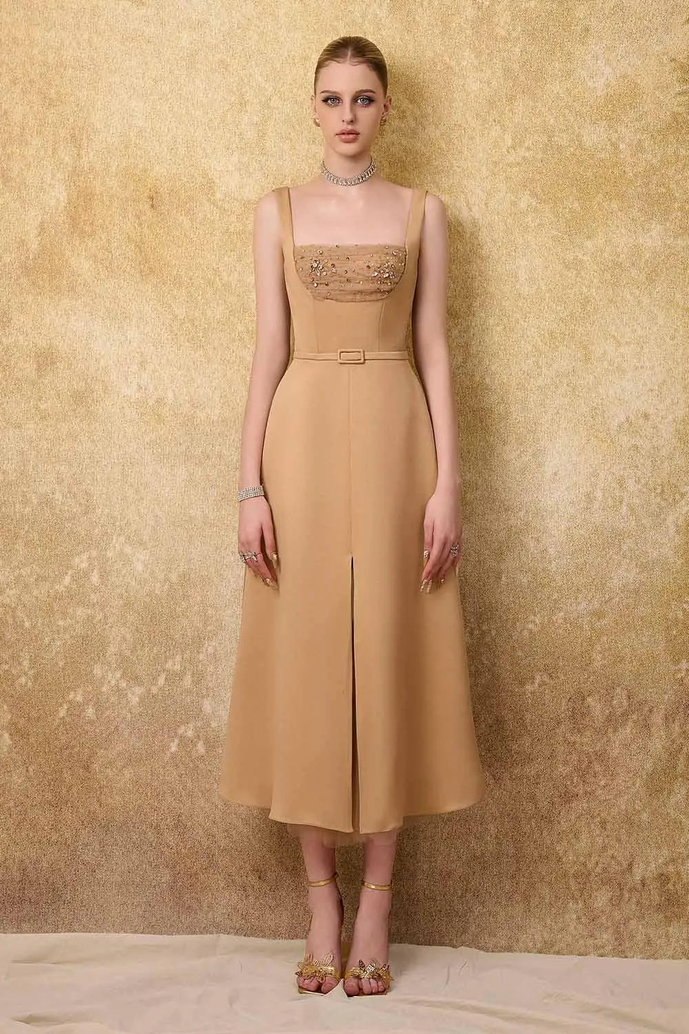 Liora A-line Loose Strap Taffeta Midi Dress