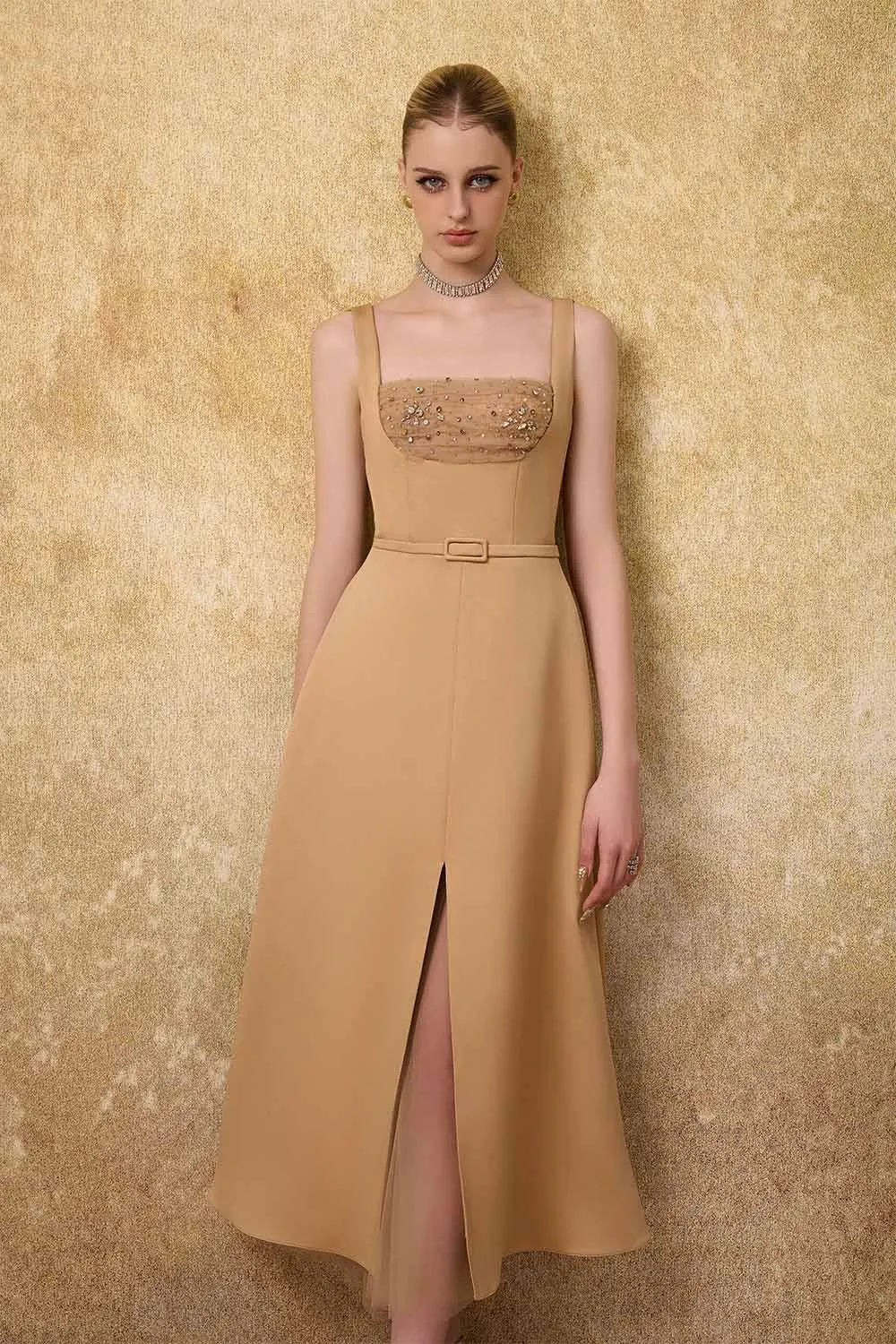 Liora A-line Loose Strap Taffeta Midi Dress