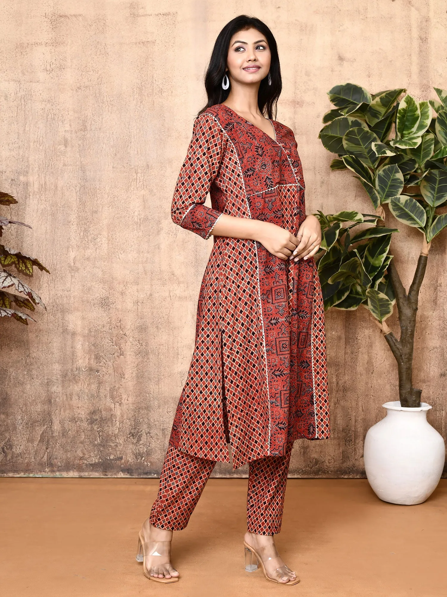 Lissa Red Ajrakh Cotton Flared 2-Piece Kurta Set