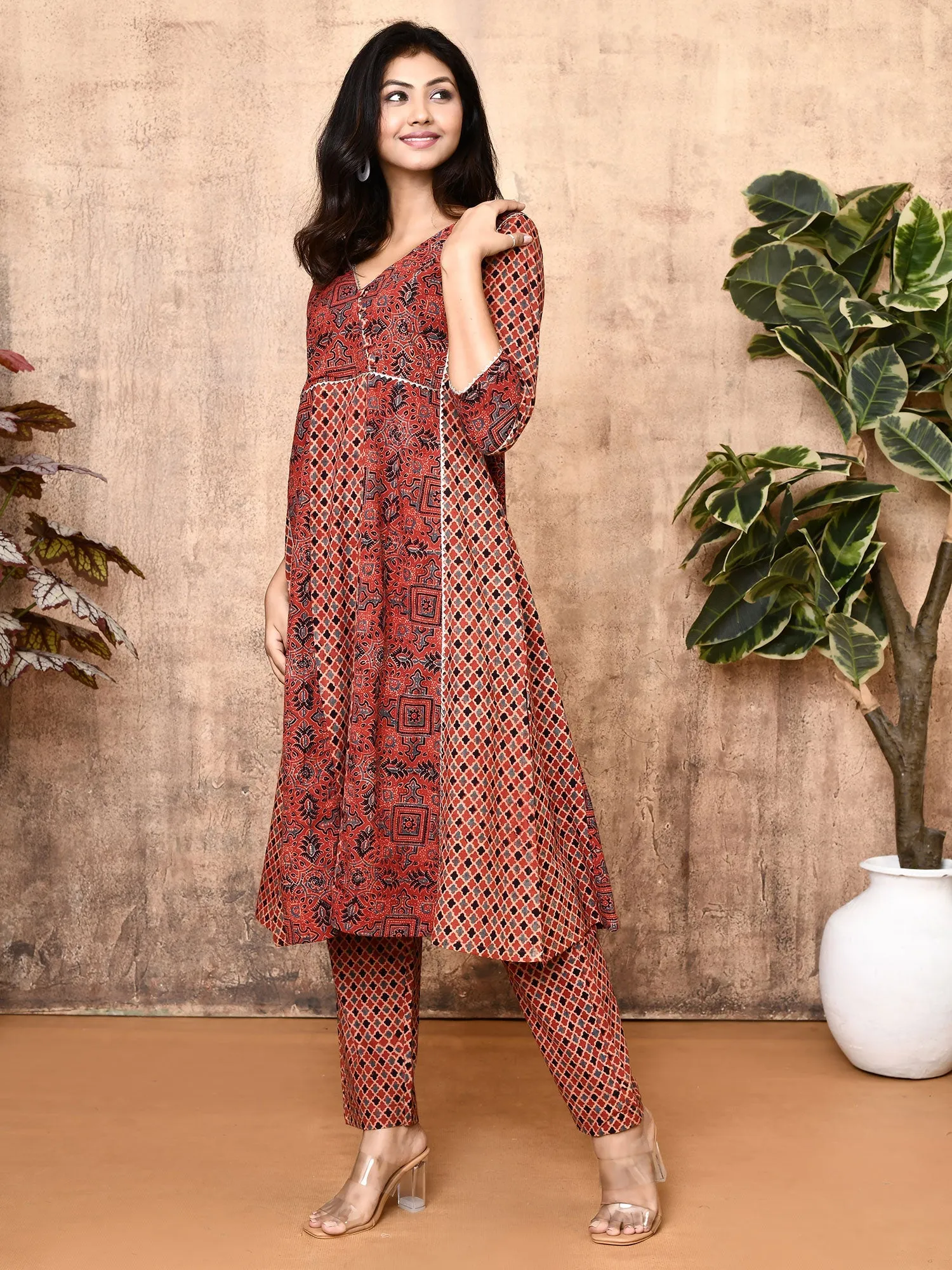 Lissa Red Ajrakh Cotton Flared 2-Piece Kurta Set
