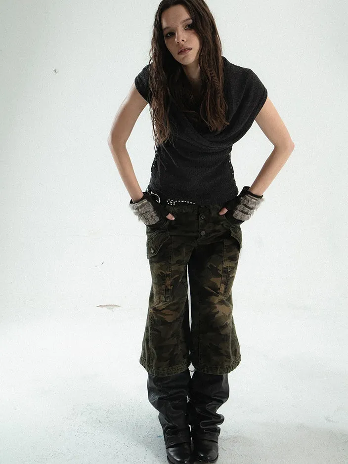 Low-Rise Loose Work Camouflage Cropped Flared Pants