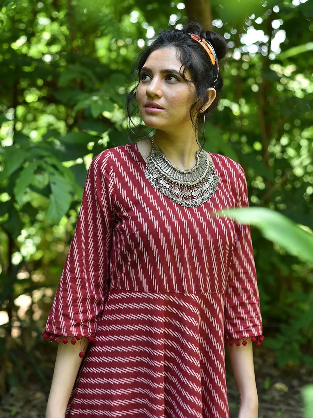 Maroon Geometric A-Line Cotton Kurta