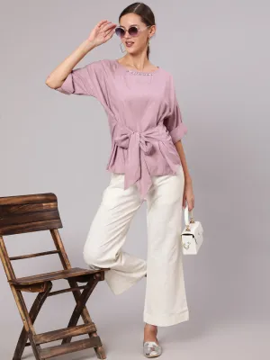 Mauve Rayon Top & White Cotton Flared Pants