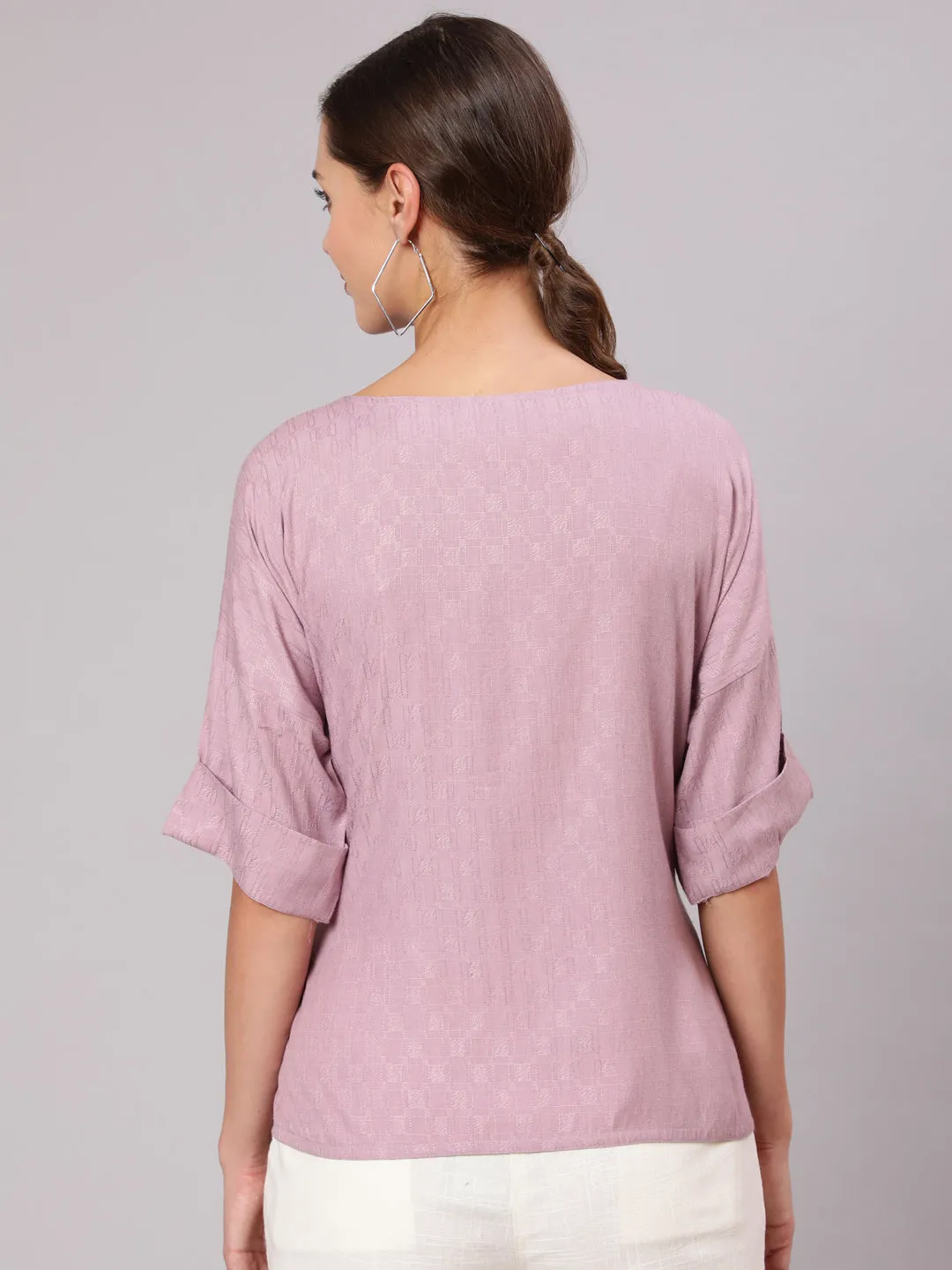 Mauve Rayon Top & White Cotton Flared Pants