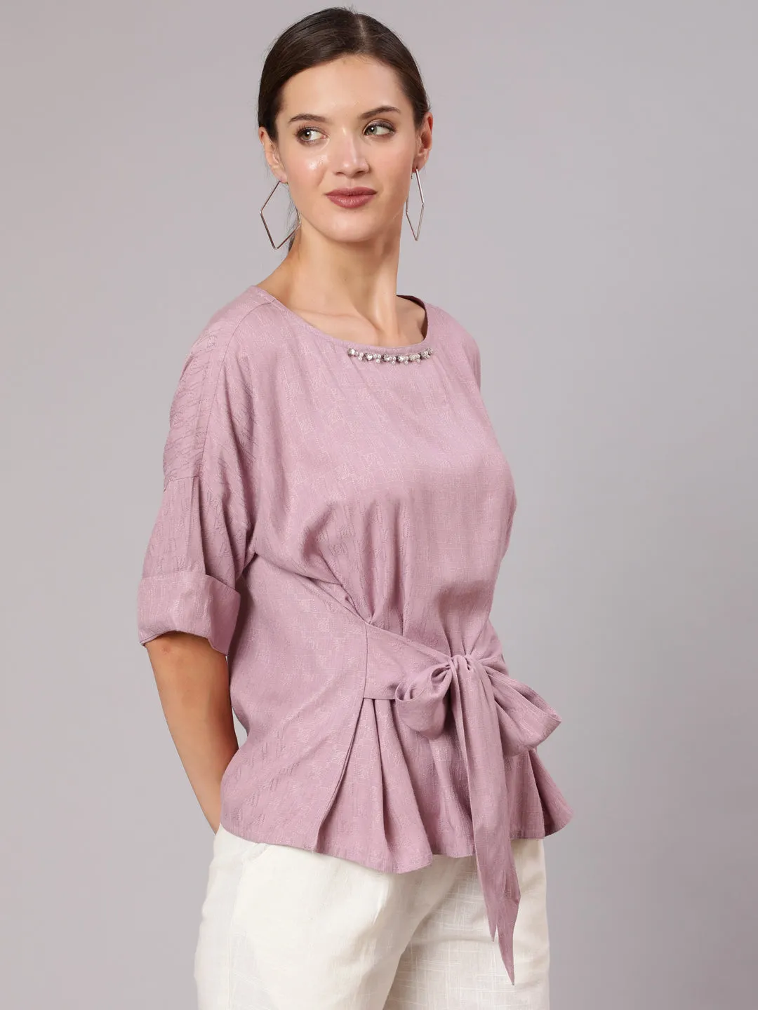Mauve Rayon Top & White Cotton Flared Pants