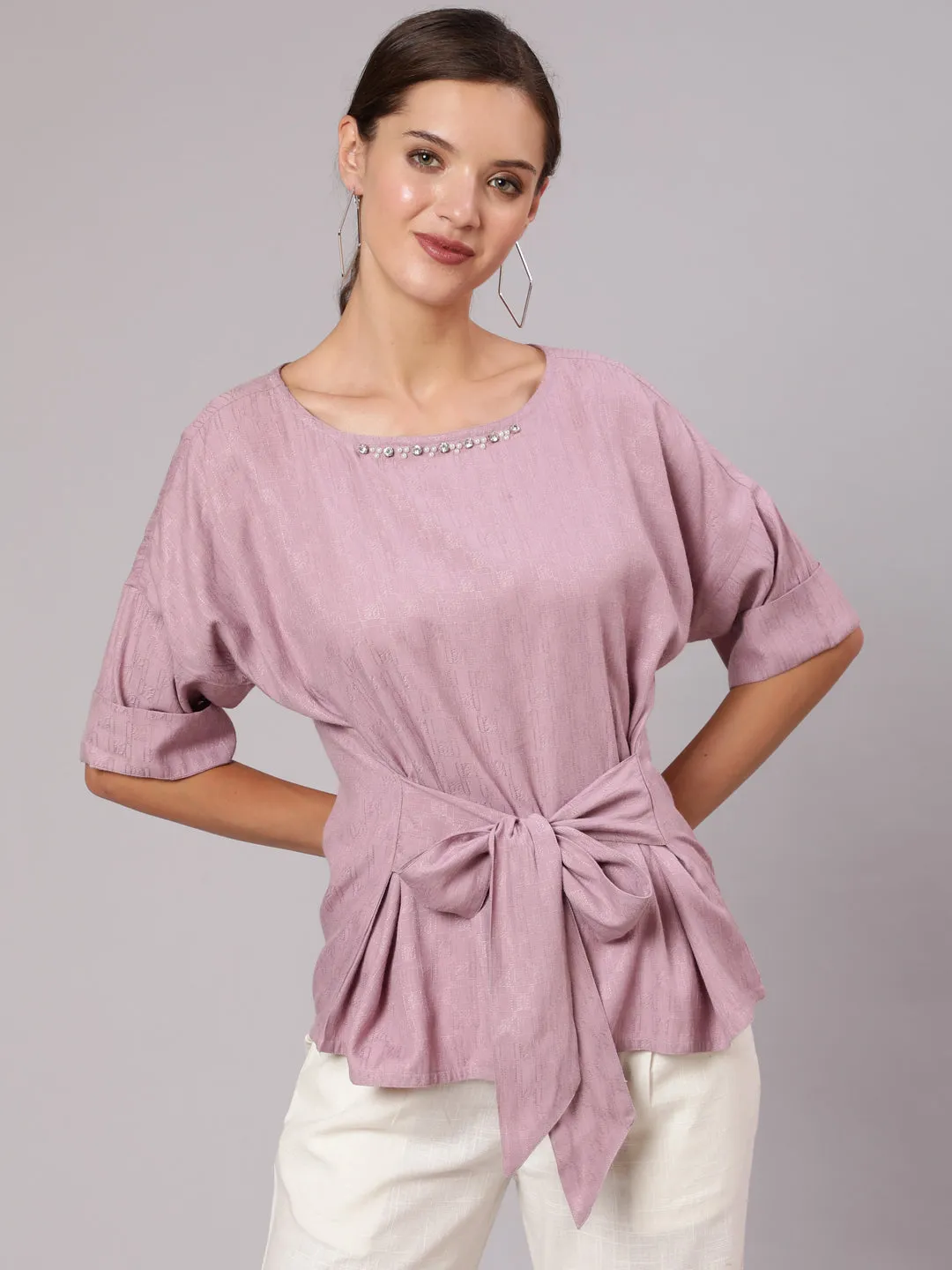 Mauve Rayon Top & White Cotton Flared Pants