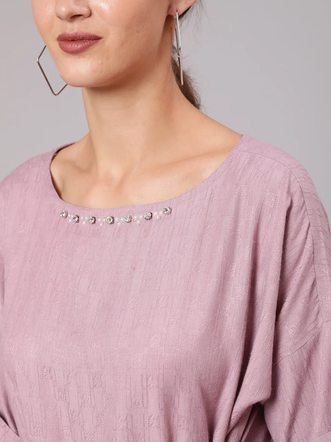 Mauve Rayon Top & White Cotton Flared Pants