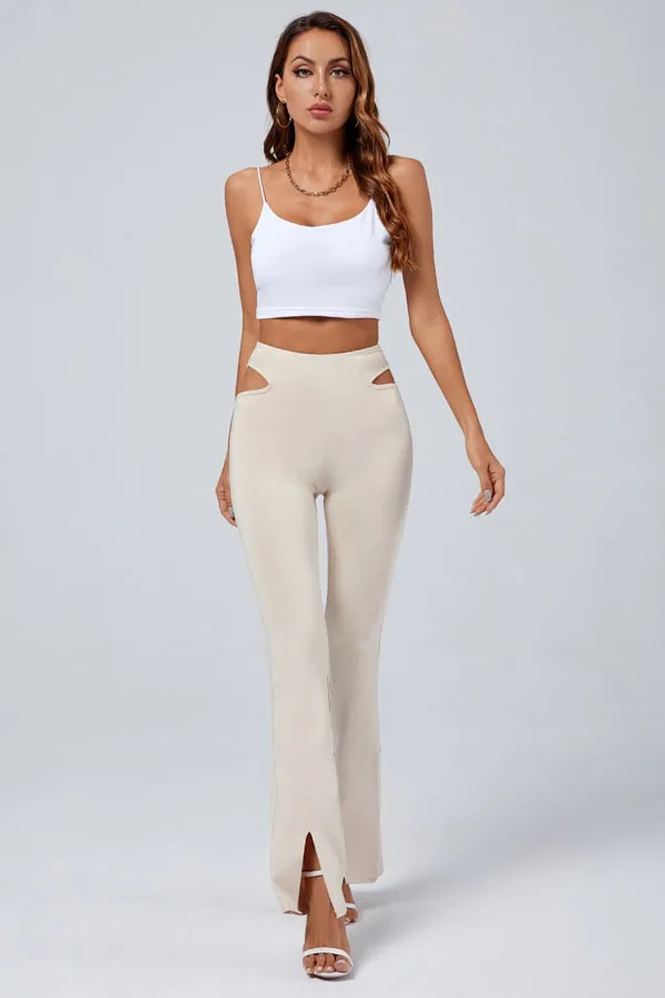 MB FASHION High-Waisted Flared Pants with Hip Cutouts and Front Slits 3223R