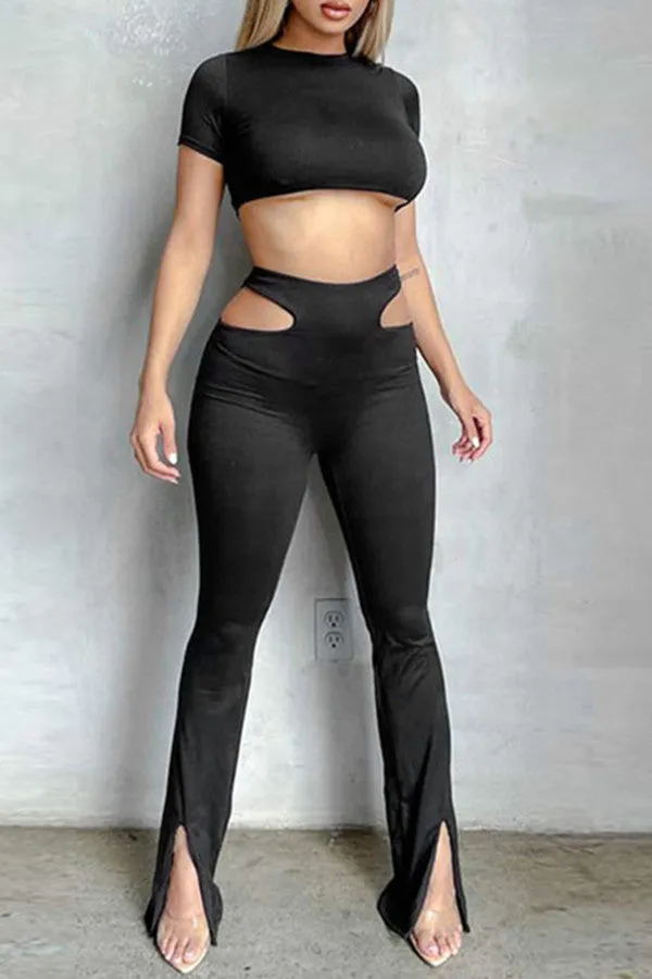 MB FASHION High-Waisted Flared Pants with Hip Cutouts and Front Slits 3223R