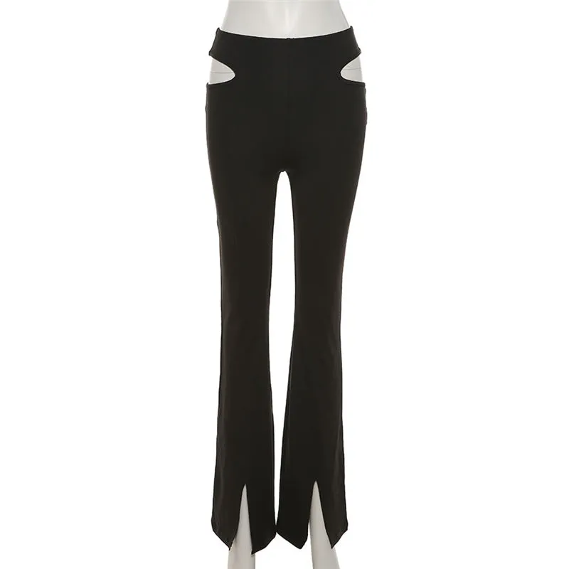 MB FASHION High-Waisted Flared Pants with Hip Cutouts and Front Slits 3223R