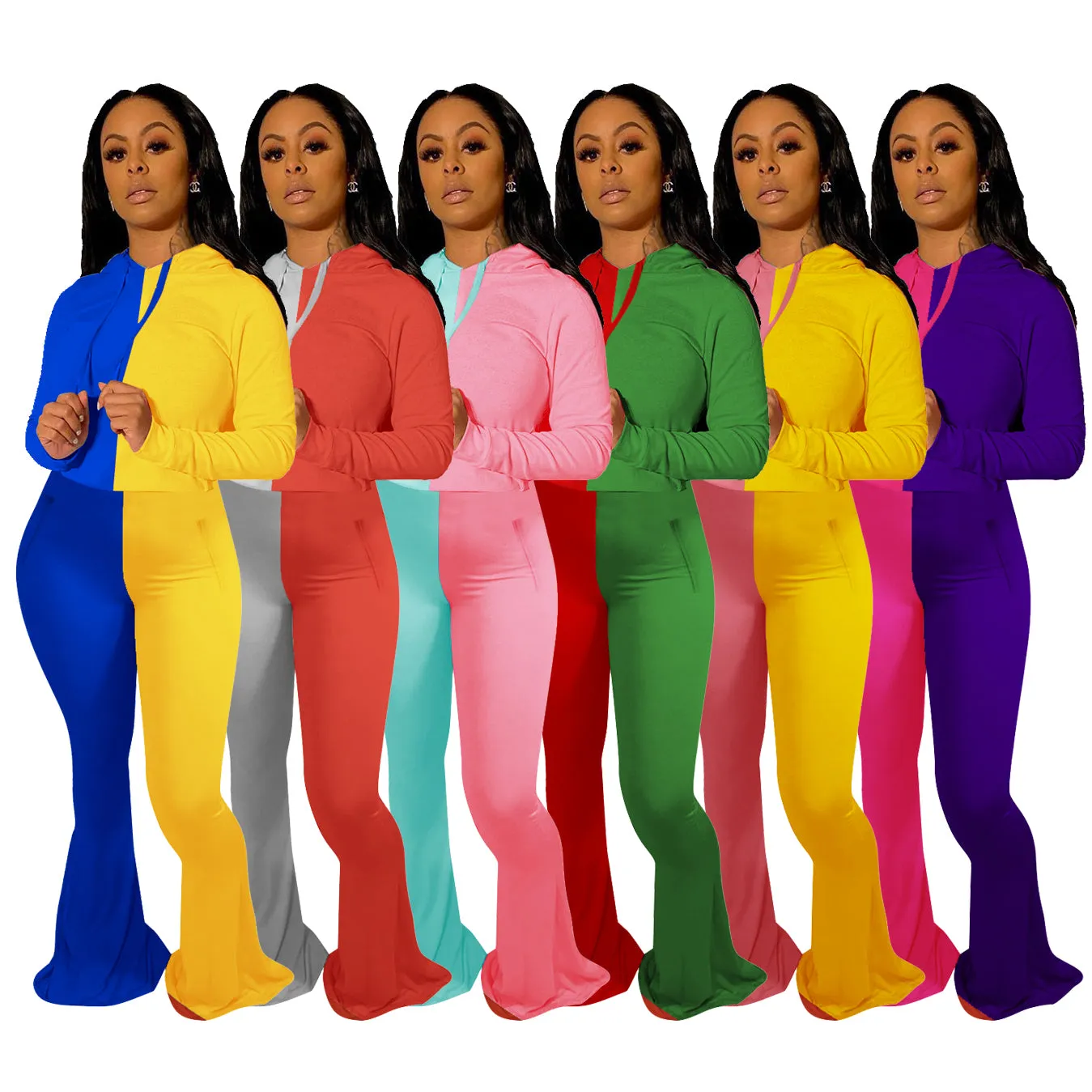 MB FASHION Two-Tone Color Block Long Sleeve Top and Flared Pants Set 8122