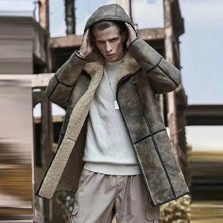 Men's B7 RAF Hooded Sheepskin Fur Shearling Coat Aviator Flight Jacket