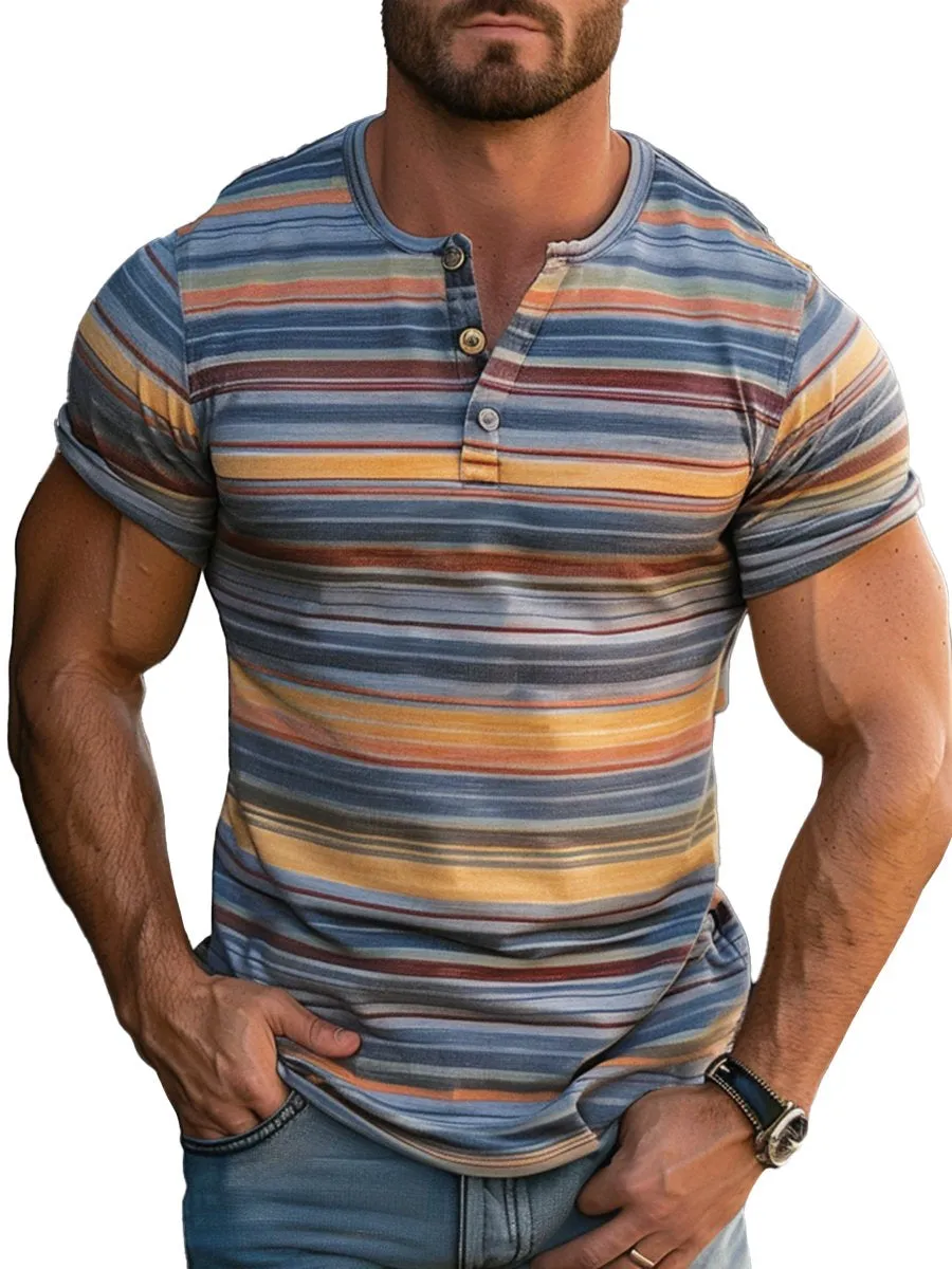 Men's Contrast Stripe Print Henley Collar Short Sleeve T-shirt