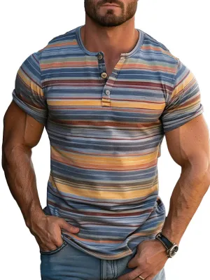 Men's Contrast Stripe Print Henley Collar Short Sleeve T-shirt