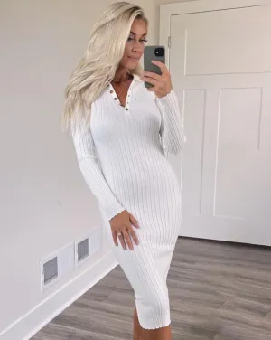 MEROKEETY Long Sleeve V Neck Ribbed Sweater Midi Dress
