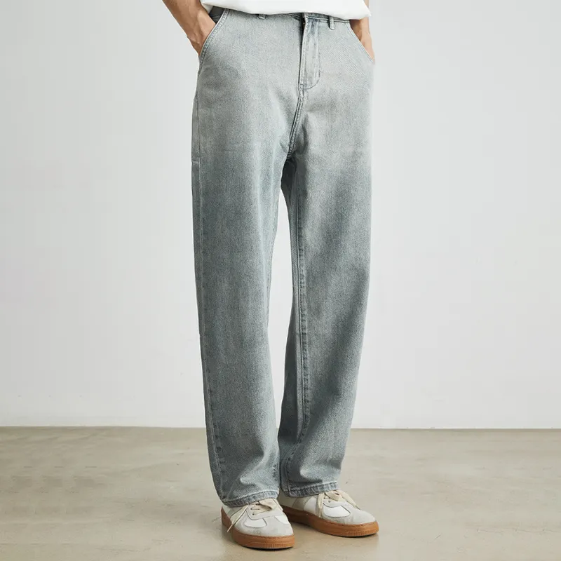 MICRO-FLARED JEANS WITH LOOSE STRAIGHT-LEG WASHED DISTRESSED CLEANFIT PANTS