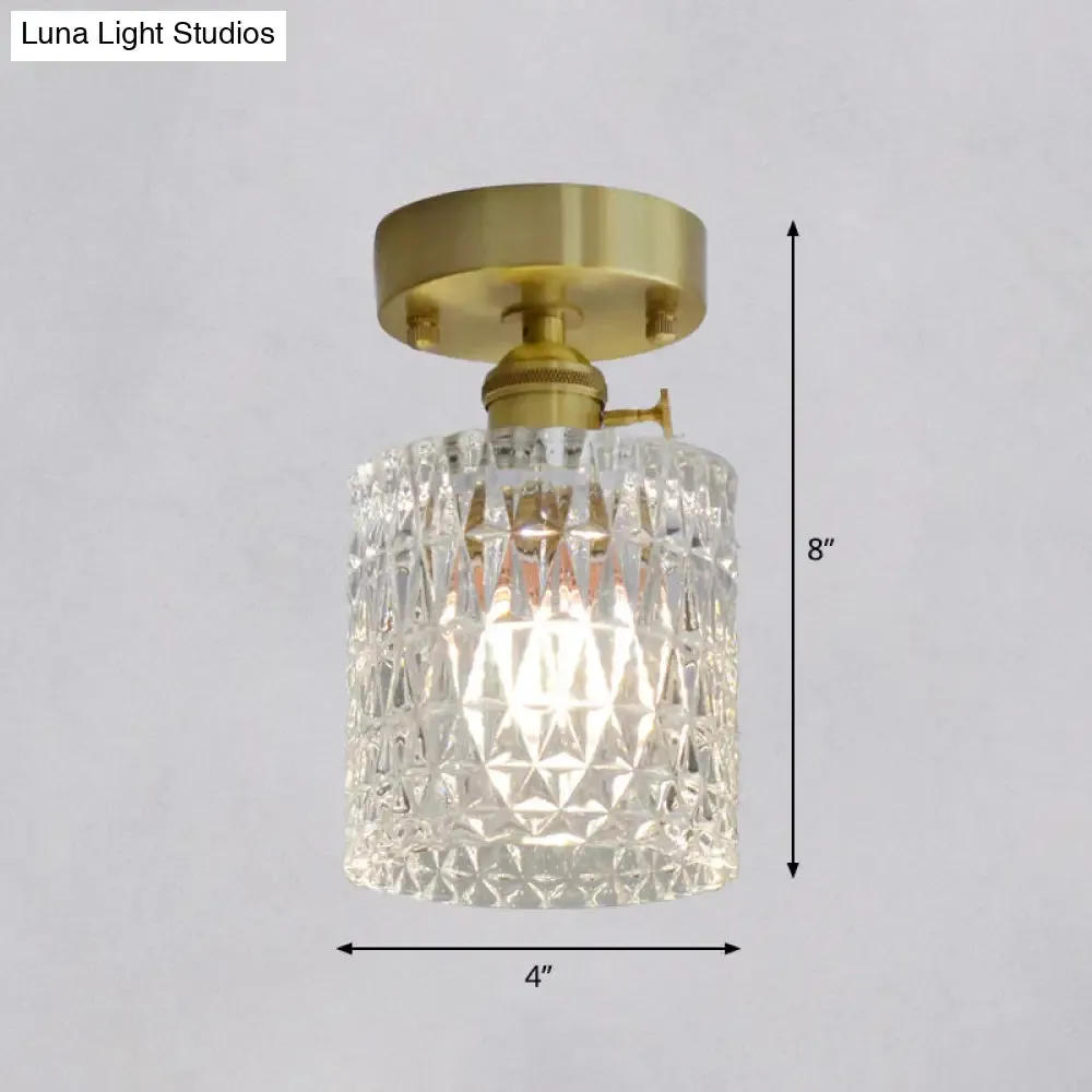 Minimalist Brass 1-Head Ceiling Light with Carved Glass Shade for Corridors