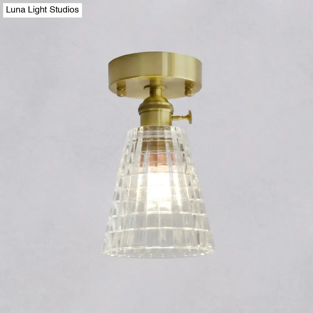 Minimalist Brass 1-Head Ceiling Light with Carved Glass Shade for Corridors