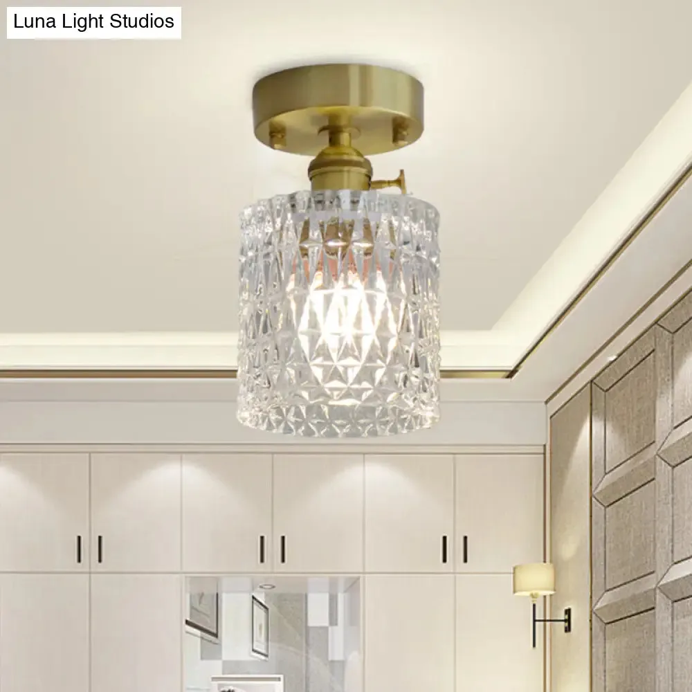 Minimalist Brass 1-Head Ceiling Light with Carved Glass Shade for Corridors