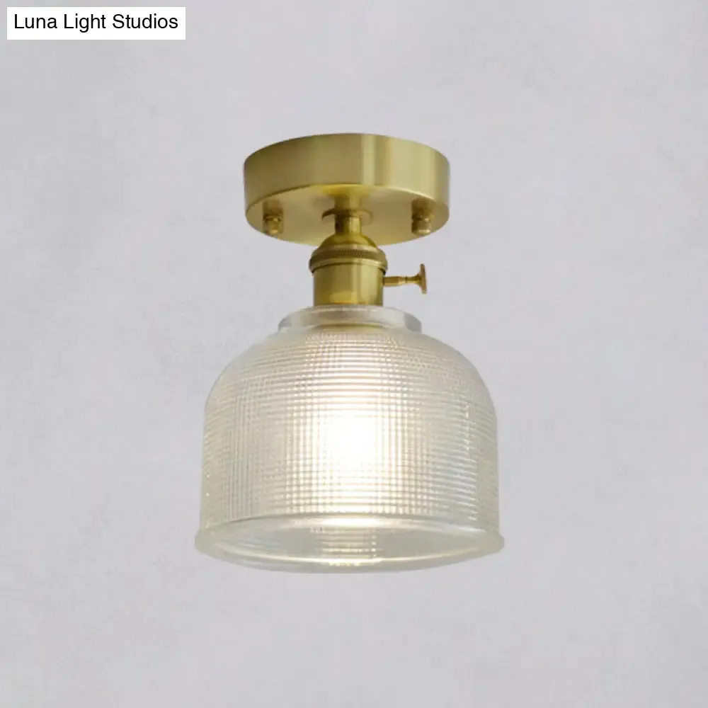 Minimalist Brass 1-Head Ceiling Light with Carved Glass Shade for Corridors