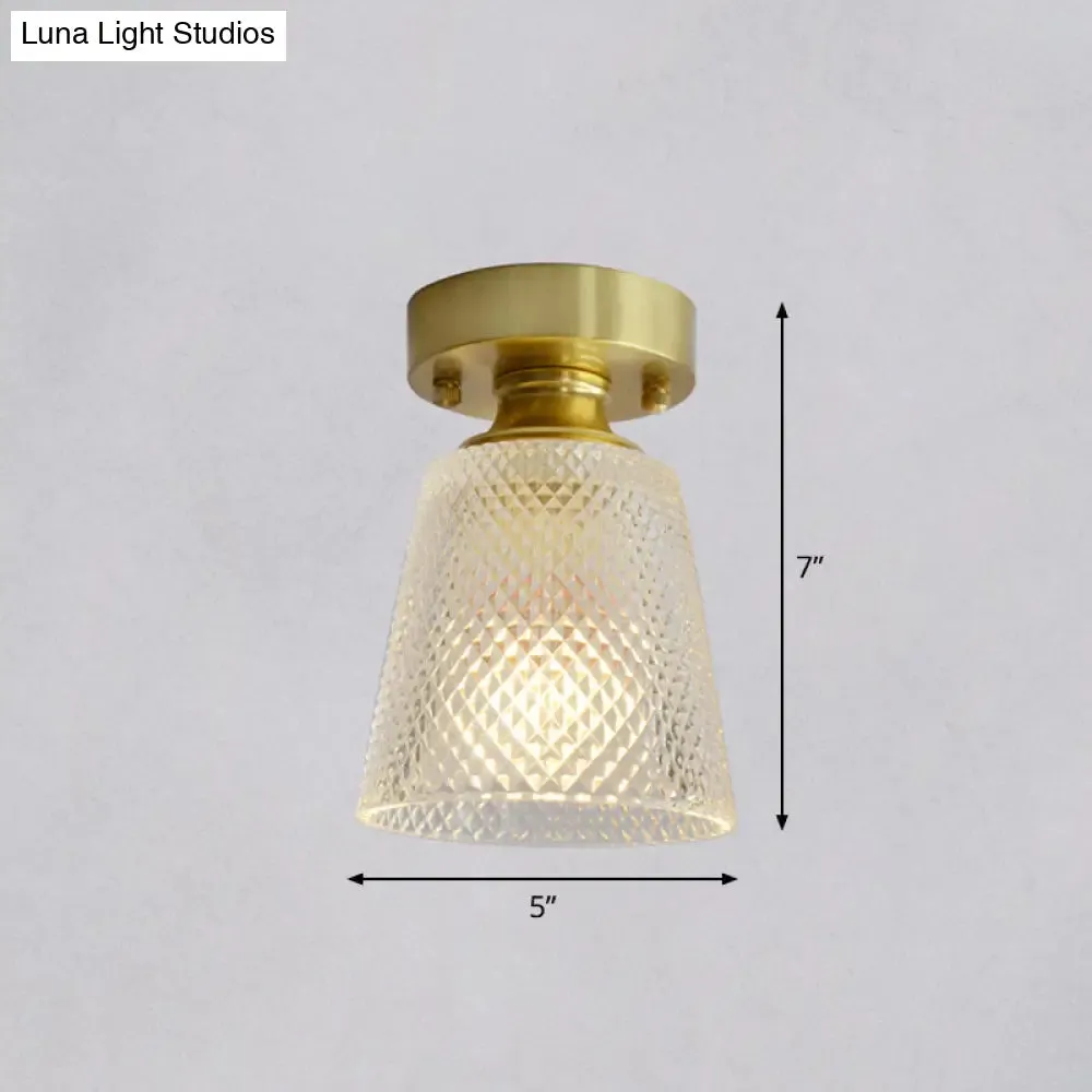 Minimalist Brass 1-Head Ceiling Light with Carved Glass Shade for Corridors