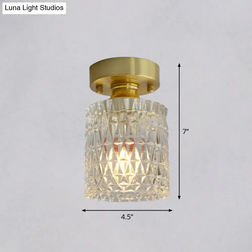 Minimalist Brass 1-Head Ceiling Light with Carved Glass Shade for Corridors