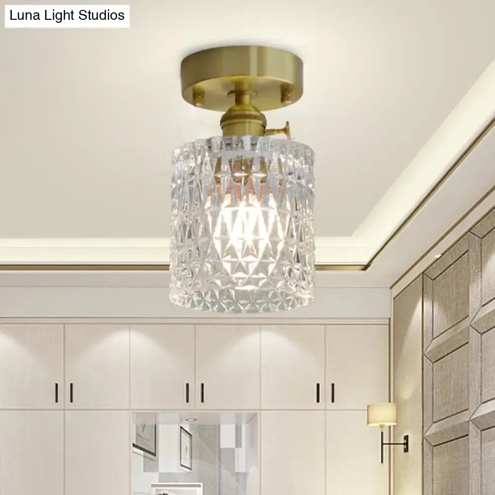 Minimalist Brass 1-Head Ceiling Light with Carved Glass Shade for Corridors
