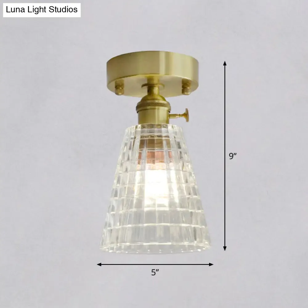Minimalist Brass 1-Head Ceiling Light with Carved Glass Shade for Corridors