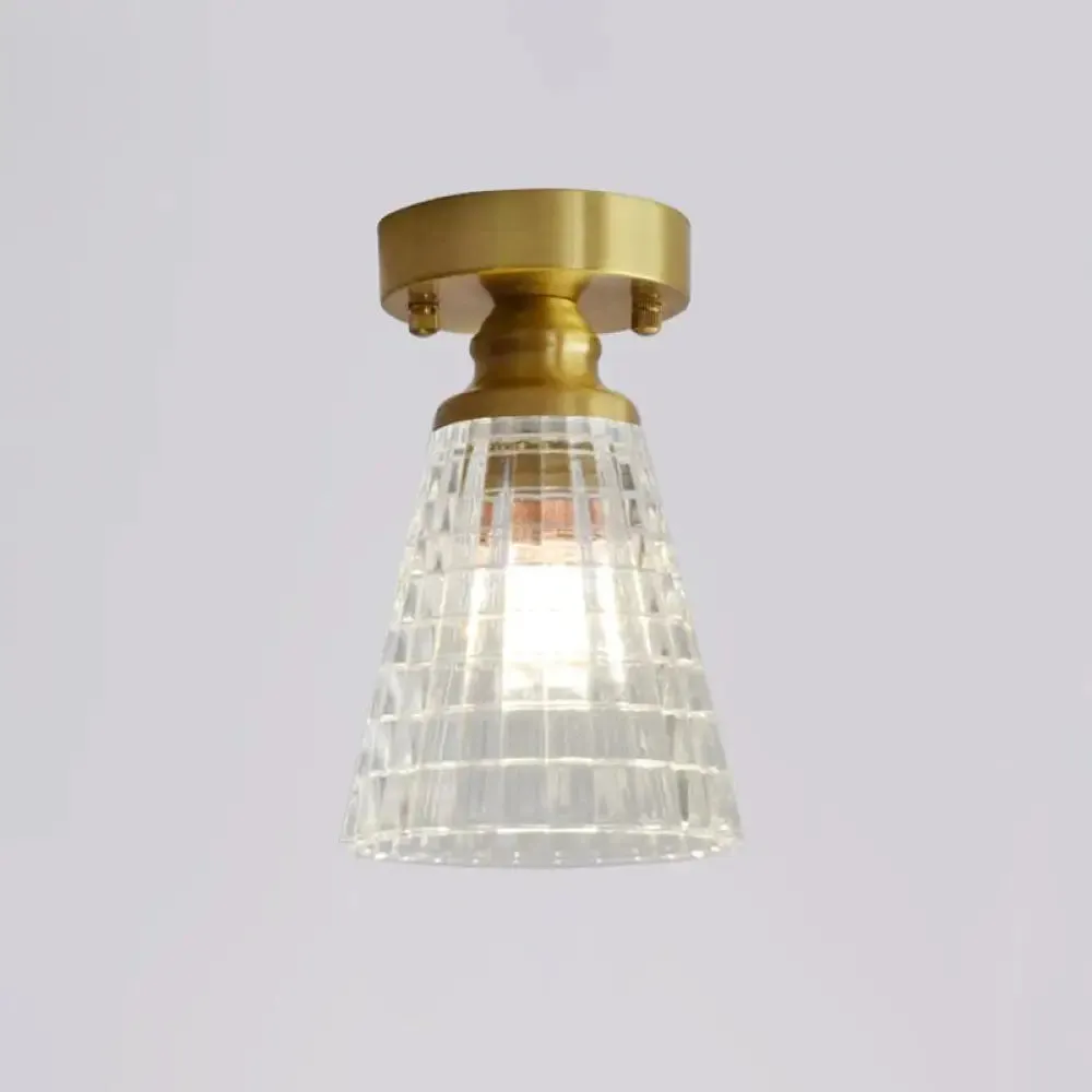 Minimalist Brass 1-Head Ceiling Light with Carved Glass Shade for Corridors