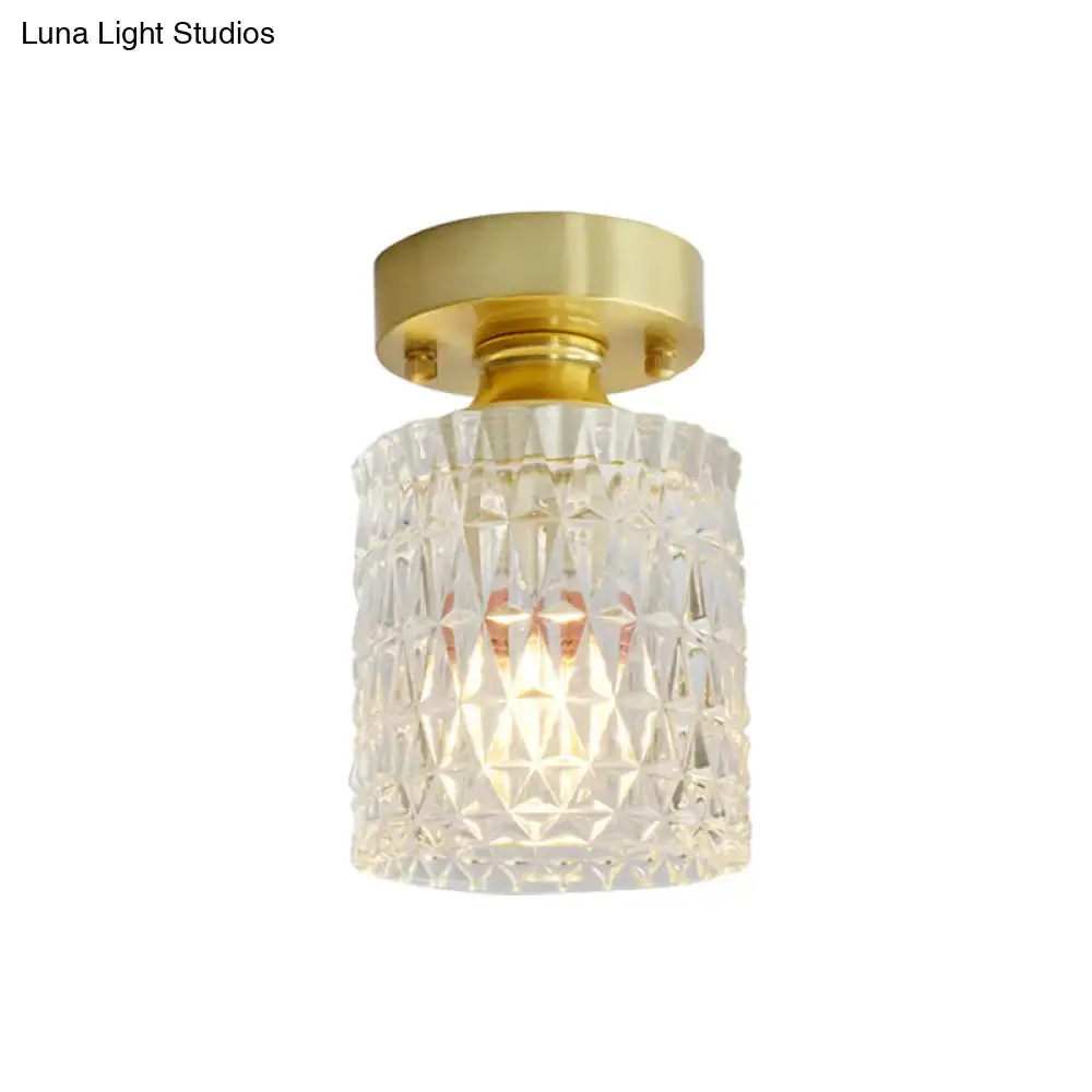 Minimalist Brass 1-Head Ceiling Light with Carved Glass Shade for Corridors