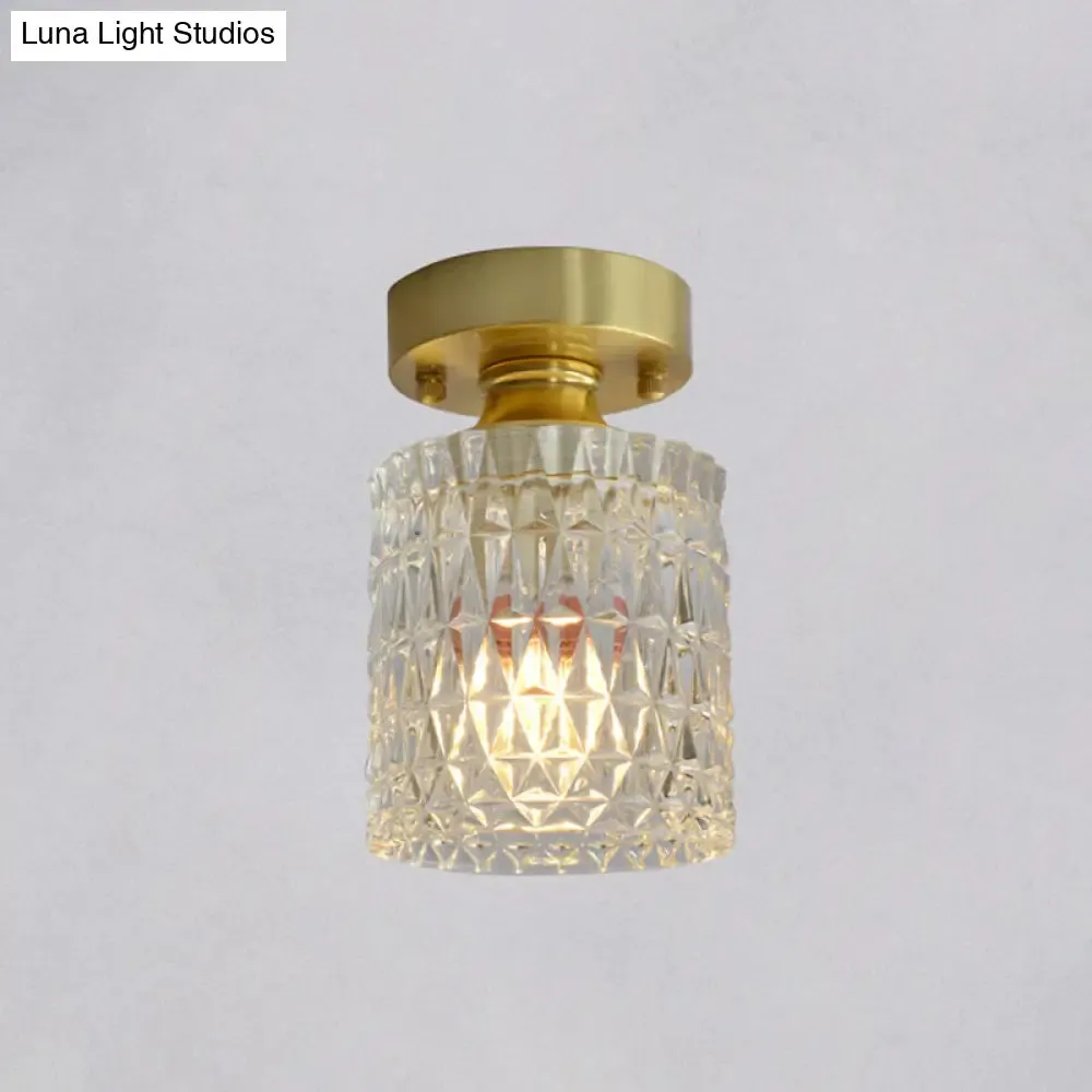 Minimalist Brass 1-Head Ceiling Light with Carved Glass Shade for Corridors