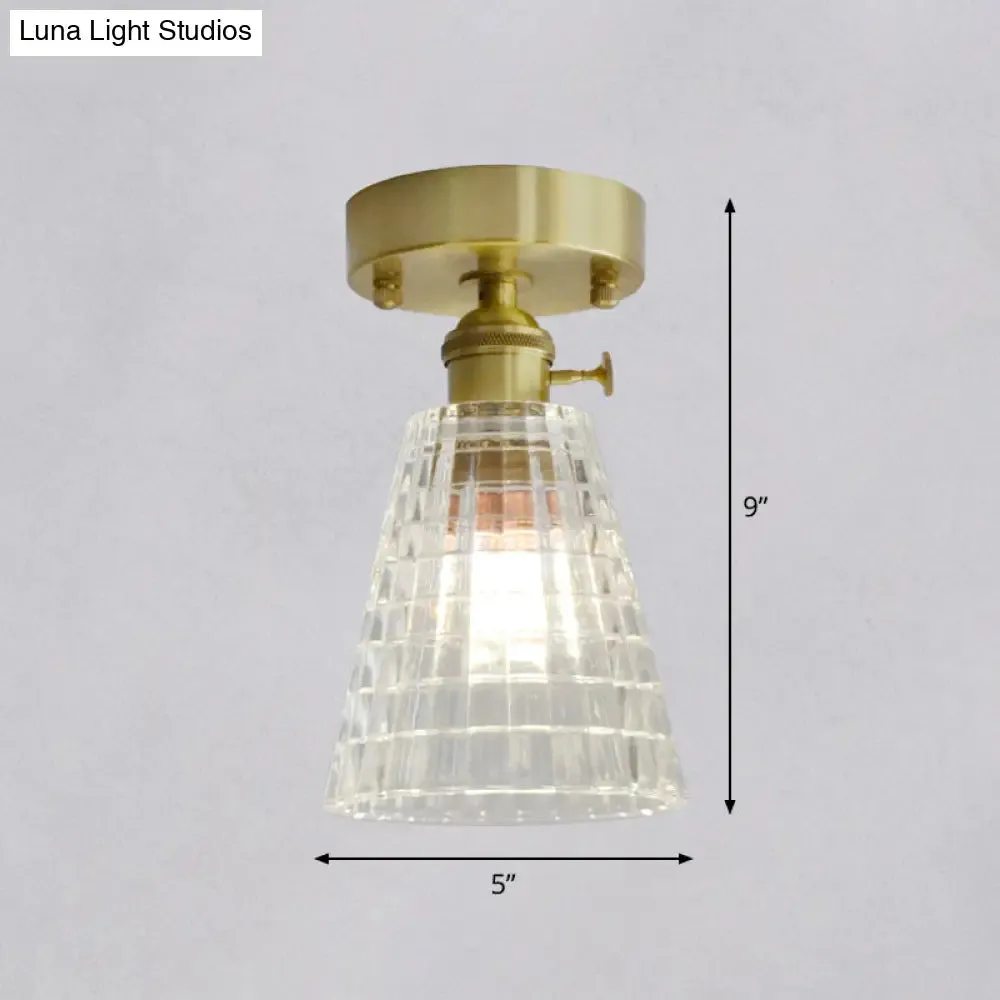 Minimalist Brass 1-Head Ceiling Light with Carved Glass Shade for Corridors