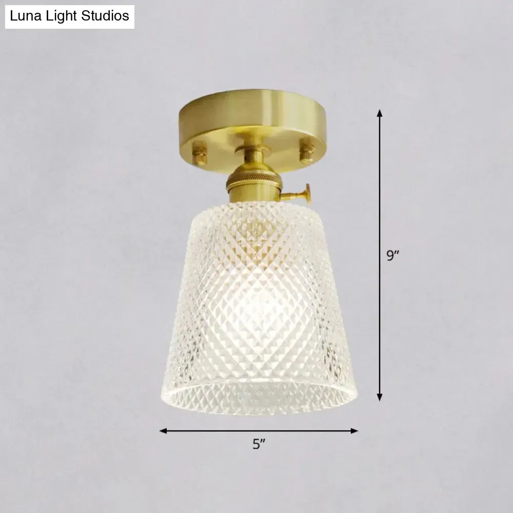 Minimalist Brass 1-Head Ceiling Light with Carved Glass Shade for Corridors