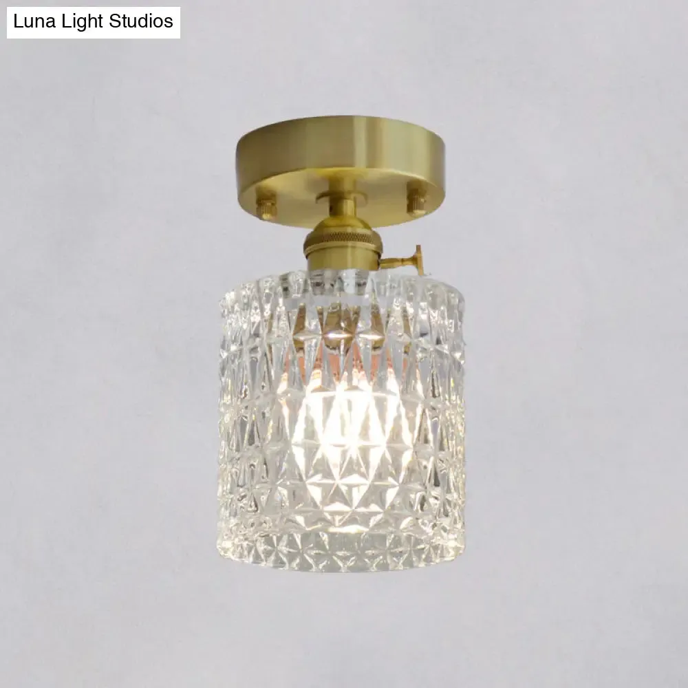 Minimalist Brass 1-Head Ceiling Light with Carved Glass Shade for Corridors