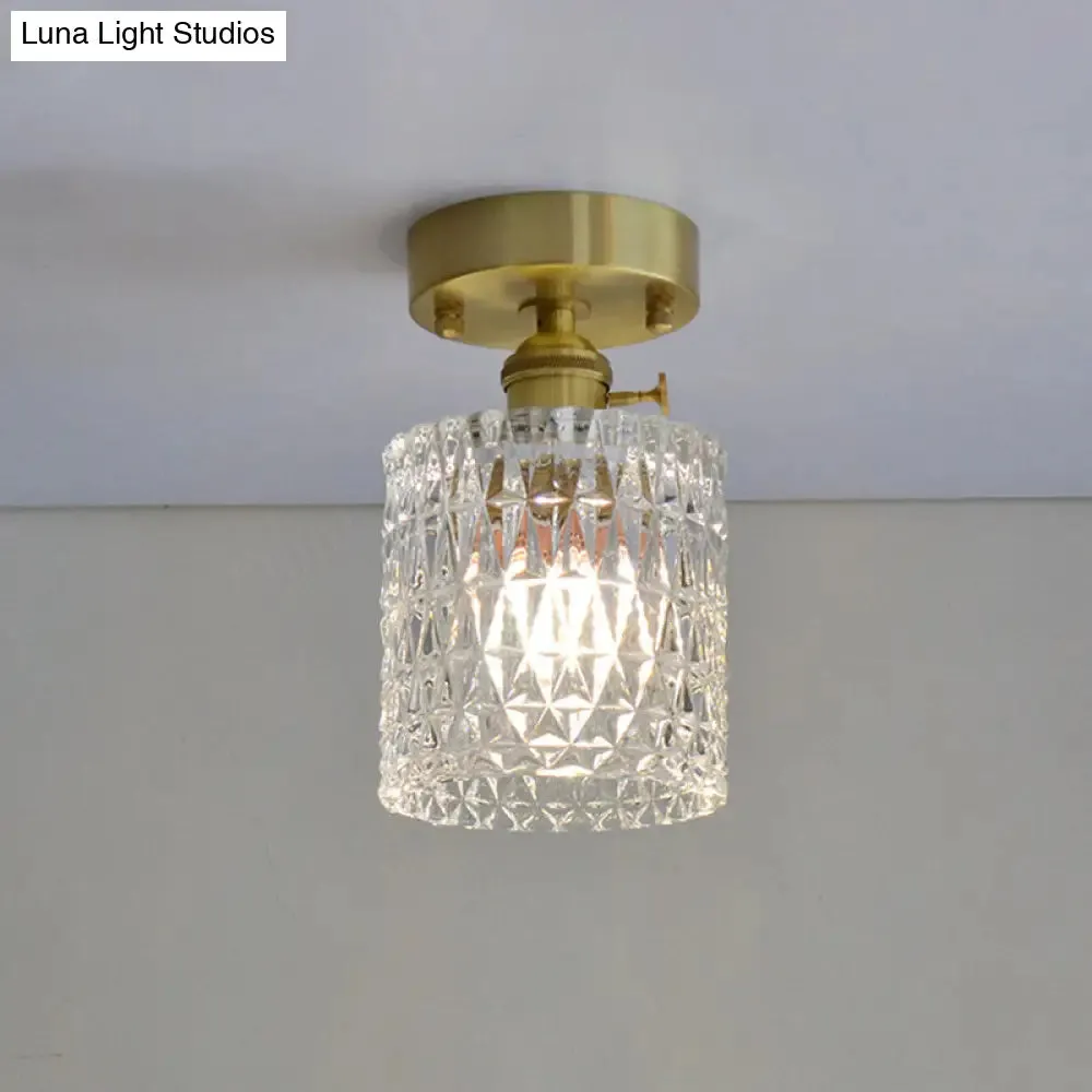 Minimalist Brass 1-Head Ceiling Light with Carved Glass Shade for Corridors