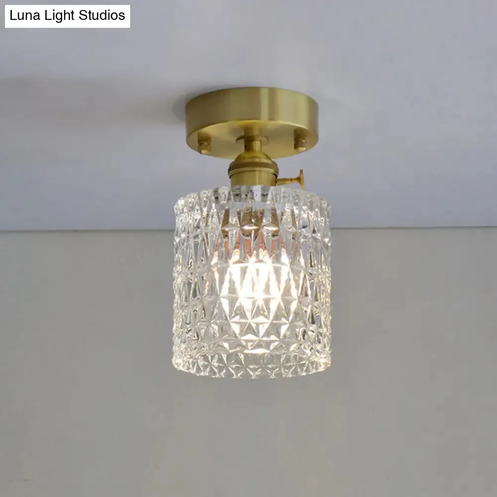 Minimalist Brass 1-Head Ceiling Light with Carved Glass Shade for Corridors