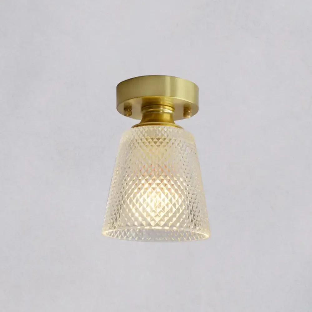 Minimalist Brass 1-Head Ceiling Light with Carved Glass Shade for Corridors