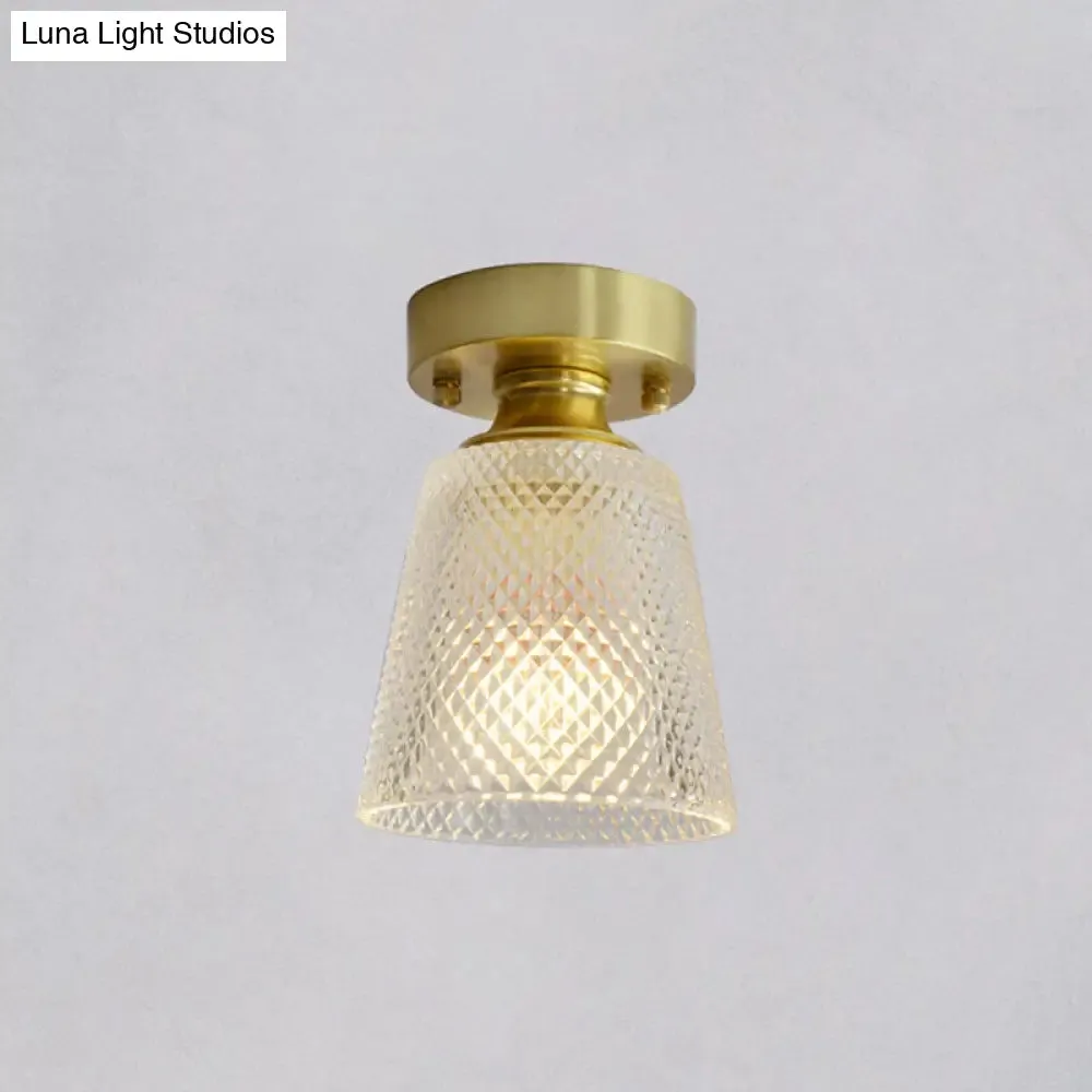 Minimalist Brass 1-Head Ceiling Light with Carved Glass Shade for Corridors