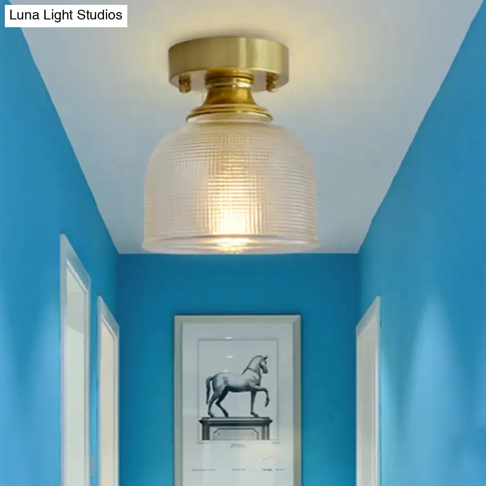 Minimalist Brass 1-Head Ceiling Light with Carved Glass Shade for Corridors