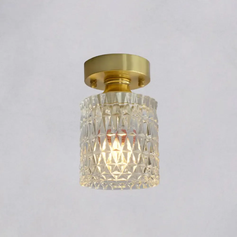 Minimalist Brass 1-Head Ceiling Light with Carved Glass Shade for Corridors