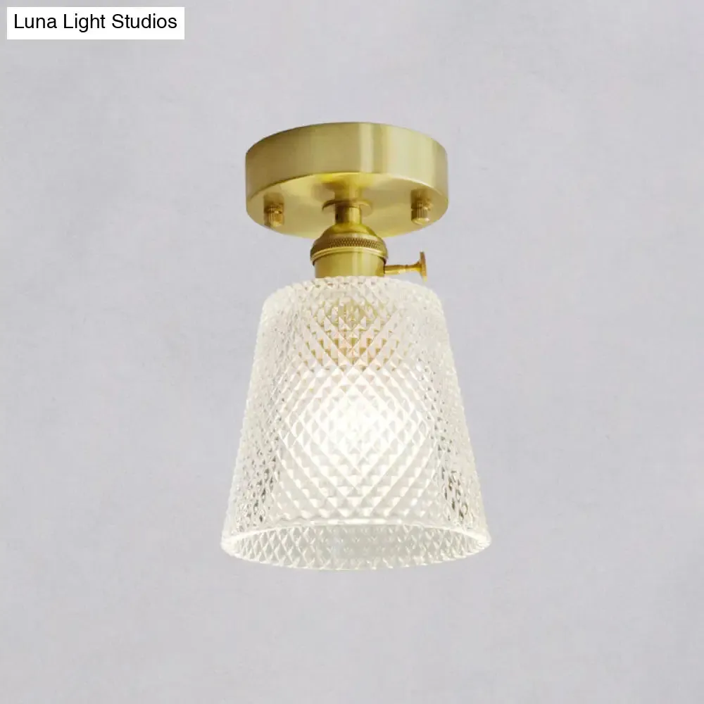 Minimalist Brass 1-Head Ceiling Light with Carved Glass Shade for Corridors