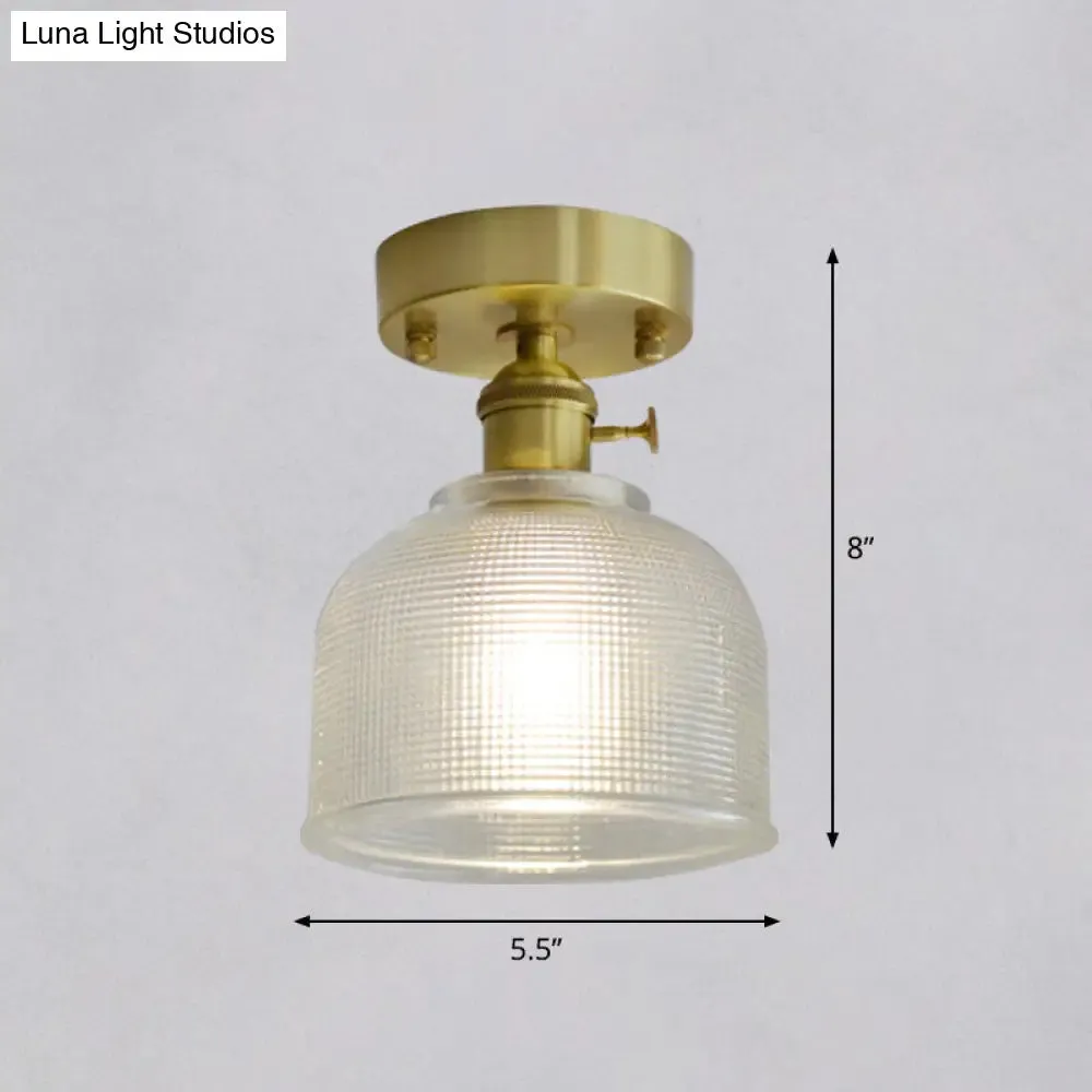 Minimalist Brass 1-Head Ceiling Light with Carved Glass Shade for Corridors