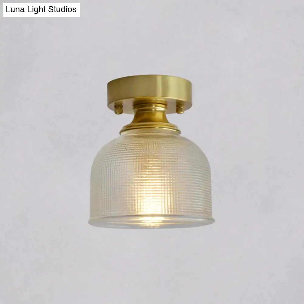 Minimalist Brass 1-Head Ceiling Light with Carved Glass Shade for Corridors