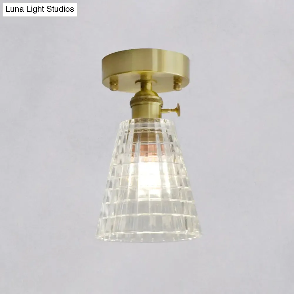Minimalist Brass 1-Head Ceiling Light with Carved Glass Shade for Corridors