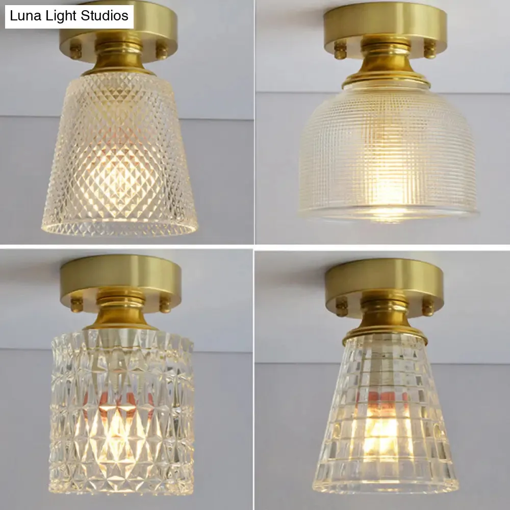 Minimalist Brass 1-Head Ceiling Light with Carved Glass Shade for Corridors