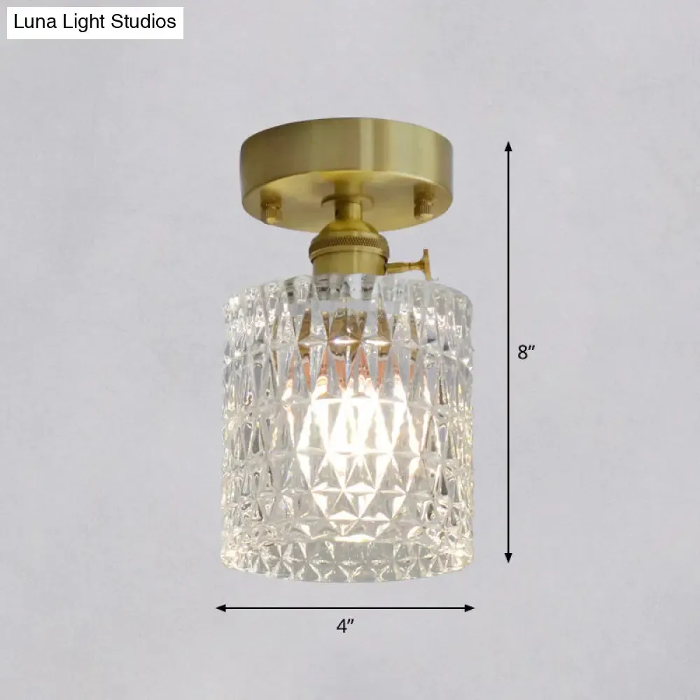 Minimalist Brass 1-Head Ceiling Light with Carved Glass Shade for Corridors