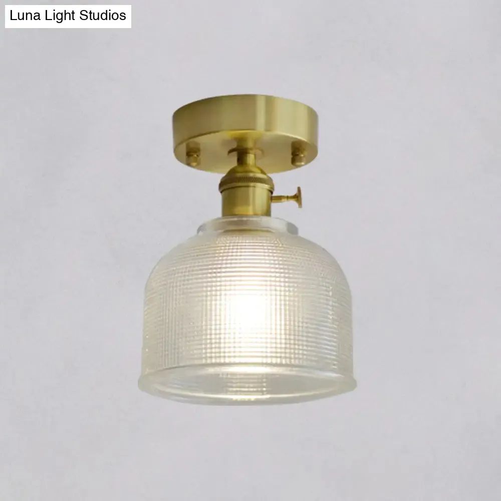 Minimalist Brass 1-Head Ceiling Light with Carved Glass Shade for Corridors